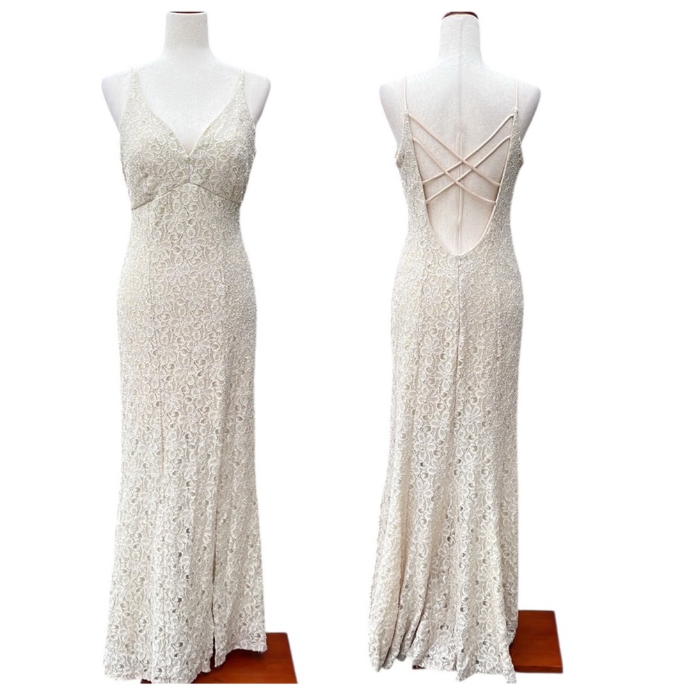 Ynes Lace Maxi Dress With Slit and Plunging Criss Cross Back